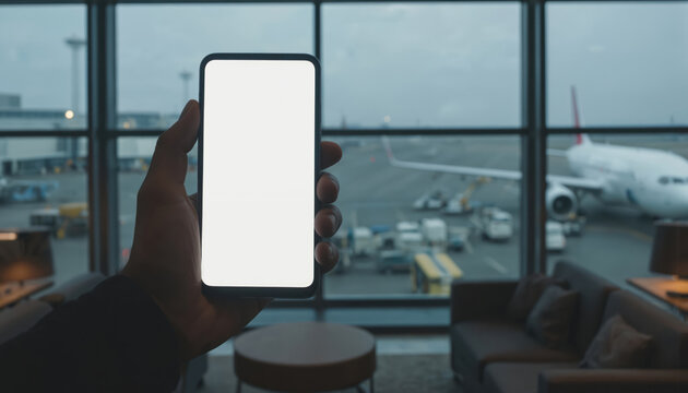 Man holds smartphone with blank white screen in airport lounge. Airplane visible outside window. Modern technology for travel, communication, online booking, flight information.