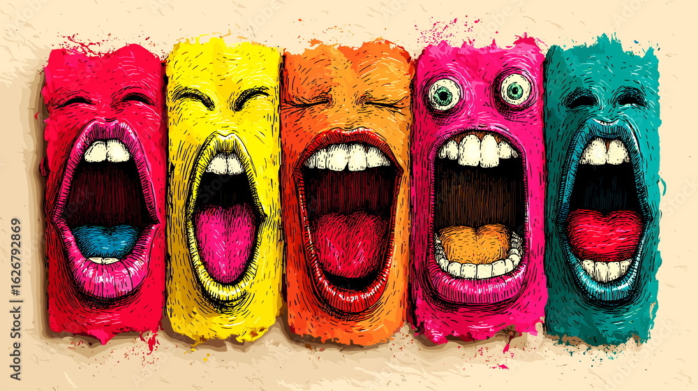 Poster a series of cartoon faces with mouths open, one of which is smiling. the faces are in different colo