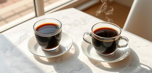 Two steaming cups of black coffee on a pristine white marble tabletop, morning sunlight ,  beverage,  minimalist