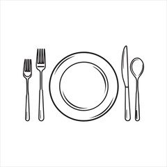 Elegant cutlery and plate silhouette icons set-Minimalist tableware line art for Restaurant, cafe, Menu design
