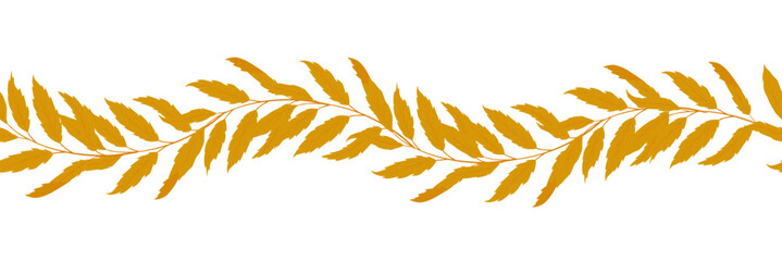 Seamless border with autumn watercolor leaf. Hand drawn floral curve arrangement with blooming in rustic style and orange color. Perfect for fall botanical frame and card designs. Vector