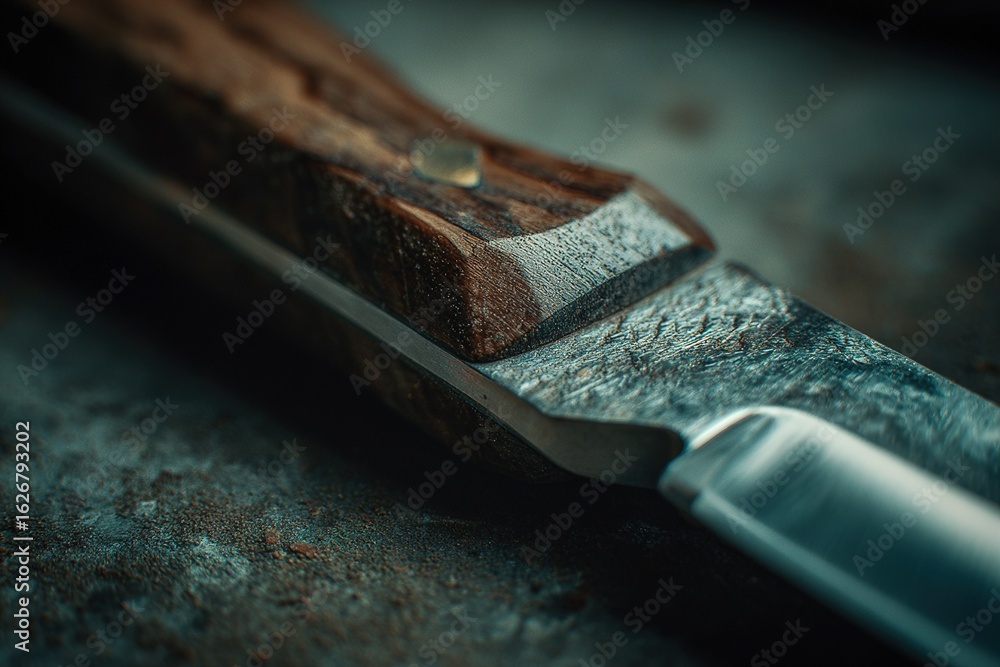 Poster detailed view of a handcrafted knife with a wooden handle on a textured surface in soft light