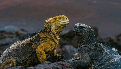 Obraz premium Two iguanas on volcanic rock