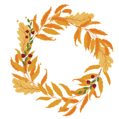 Autumn cranberries, berries, leaf wreath, fall frame, round border. vector stock illustration. Isolated on a white background.
