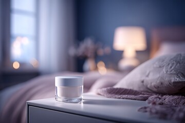 Soft lighting illuminates a minimalist bedroom featuring a skincare product on a bedside table