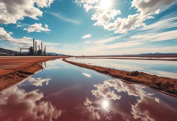 Vast, shimmering lithium brine pond reflecting arid sky, industrial infrastructure looming,   environmental,   energy