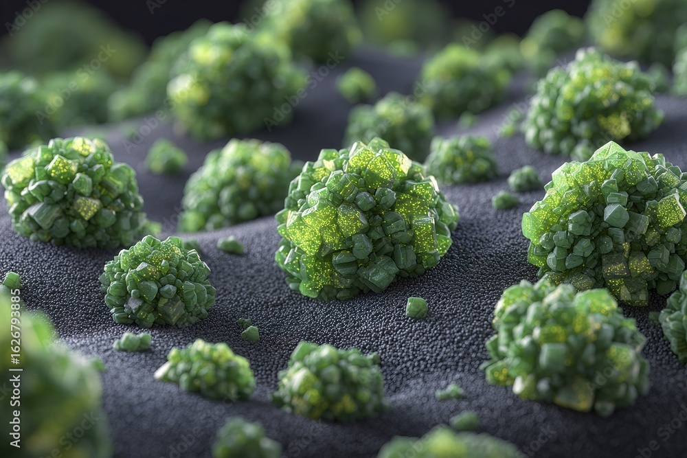 Poster green crystalline structures on a dark surface observed under high magnification display unique geom