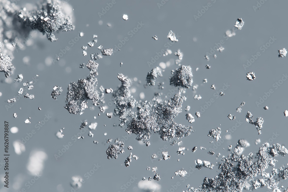 Poster silver particles scatter in mid-air creating a unique abstract effect