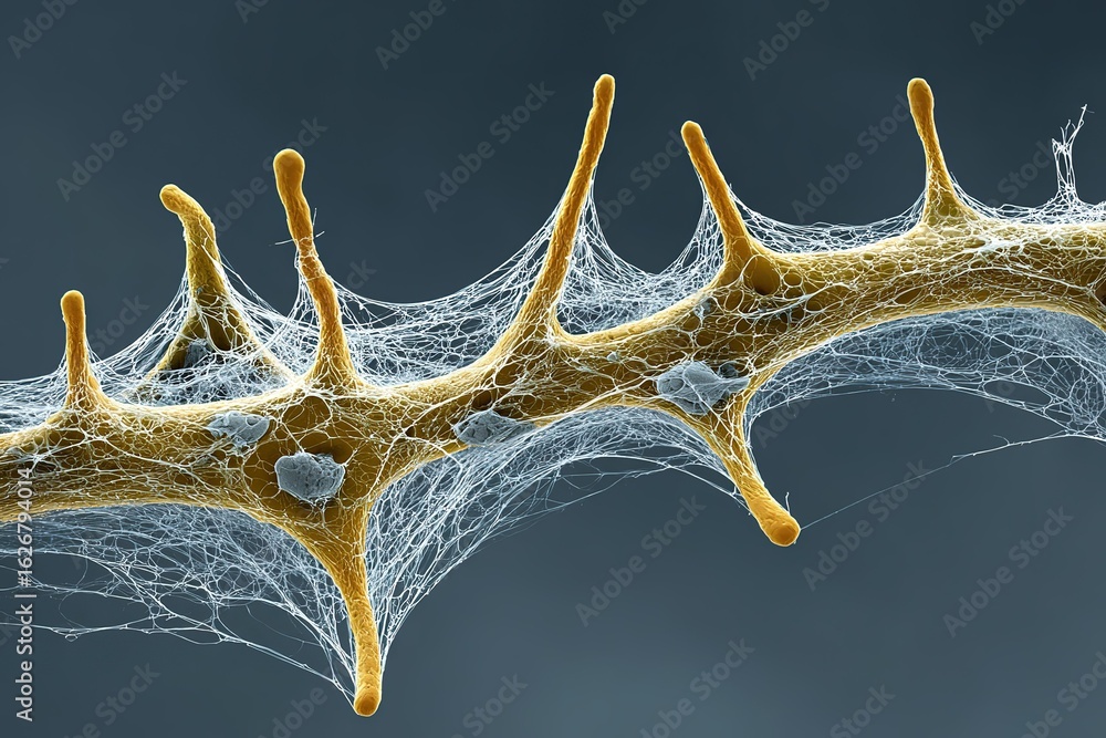 Poster intricate web structure on a twig showcasing nature's design in a close-up view under soft lighting