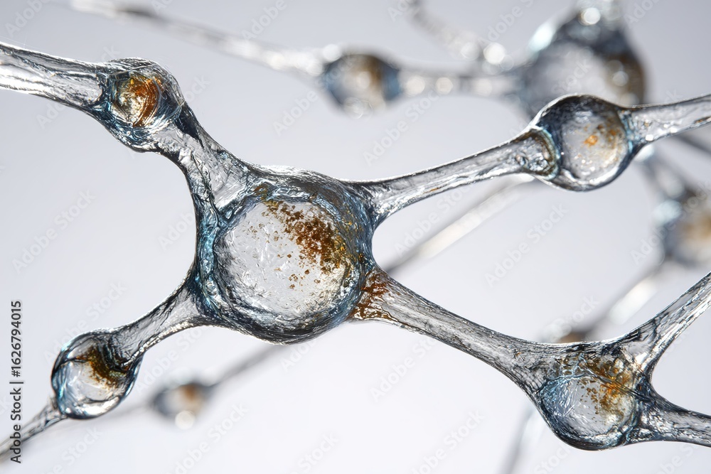Poster complex molecular structure displaying intricate connections and organic shapes under soft lighting 