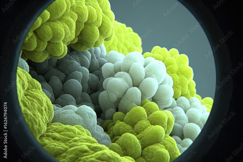 Poster microscopic view showcasing the intricate structure of colorful cells in a laboratory setting