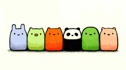 A row of cartoon animals, including a panda, sit next to each other. The animals are all different colors and sizes, and they are all smiling. The image has a cheerful and playful mood