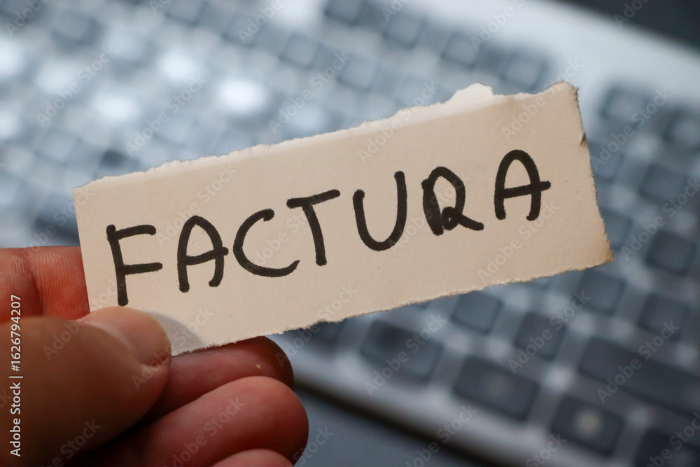 Poster a hand holding a torn paper with the word factura displayed prominently, against a blurred computer 