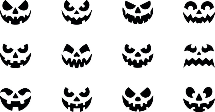 Spooky halloween pumpkin faces silhouette with carved expressions isolated on transparent background for festive design elements