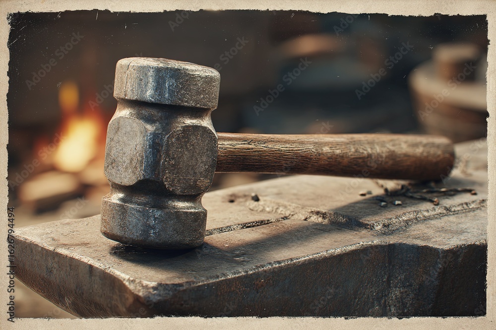 Poster hammer rests on anvil in a blacksmith workshop with glowing forge in the background