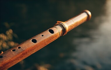 Naklejka premium Traditional wooden flute held against a serene river backdrop during golden hour