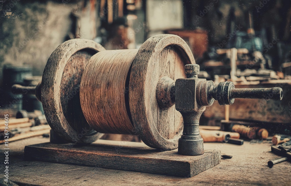 Poster vintage wooden spool with thread resting on a workbench in a rustic workshop setting