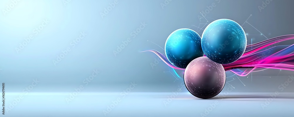 Poster cyber virtual graphic immersion design concept, colorful abstract spheres with dynamic flowing lines