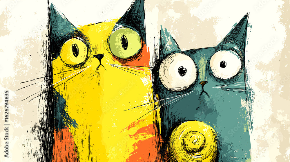Poster two cats are staring at the camera with their eyes wide open. the cats are in a cartoonish style and