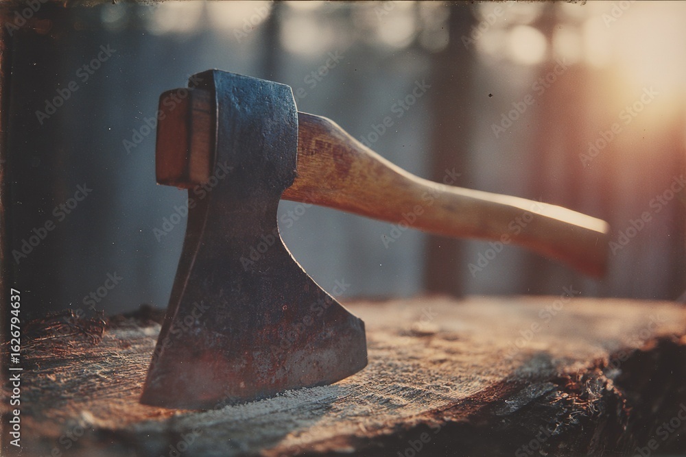 Poster sharp axe resting on a log in a tranquil forest during sunset