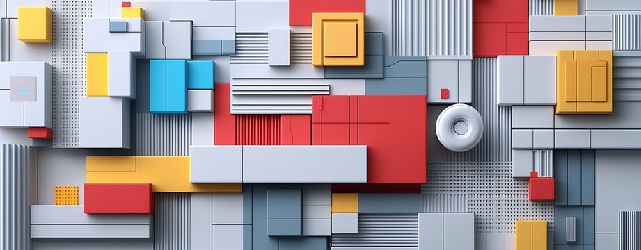 Cyber virtual graphic immersion design concept, Abstract Geometric Shapes in Red, Yellow, Blue, and Gray Patterns