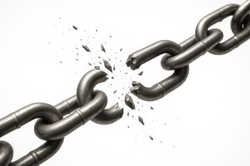 Obraz premium Metal chain breaking apart with fragments exploding on white background