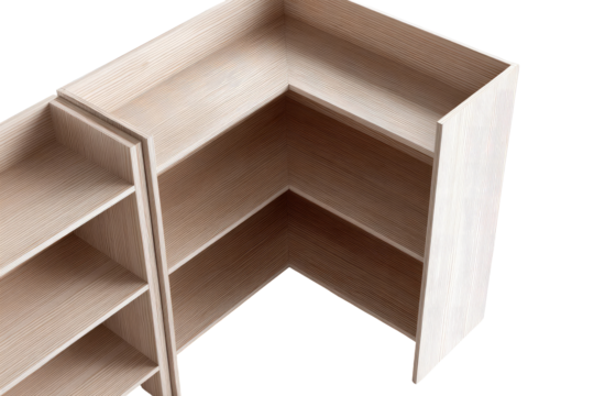 Light beige corner shelving unit with multiple tiers