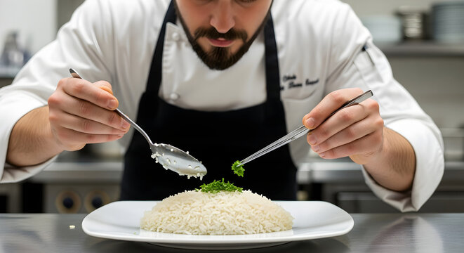 Expert chef meticulously garnishing rice dish with fresh herbs in a professional kitchen, creating a culinary masterpiece with precision and artistic flair for upscale dining experiences