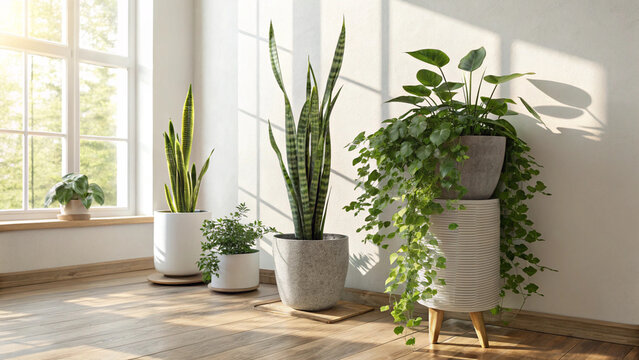A bright and cozy indoor scene featuring three snake plants (Sansevieria) in modern pots and a trailing pothos plant basking in sunlight by a window, perfect for a peaceful, plant-filled home