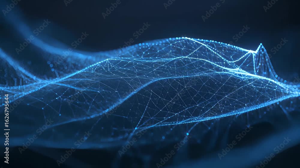 Poster mesmerizing blue wireframe wave gliding through a dark backdrop with smooth dolly motion
