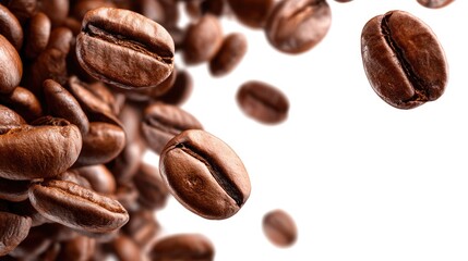 Obraz premium Roasted coffee beans in motion, falling against white background