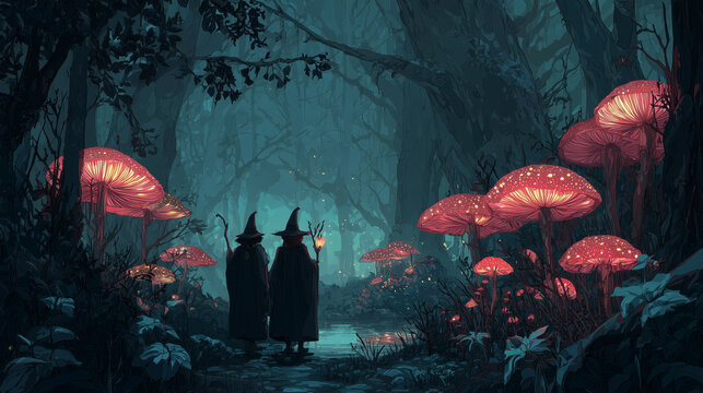 Dark fairytale scene with witches and glowing mushrooms