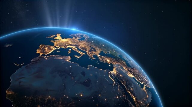 Planet Earth From Space Showing Glowing City Lights Over Europe And Middle East With Sunrise On Horizon In Outer Space View

