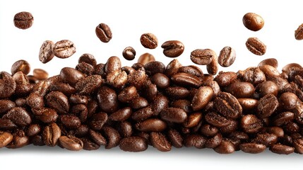 Coffee beans cascading over a pile of beans