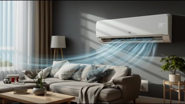 slow motion video air conditioner and cold air in room, technic