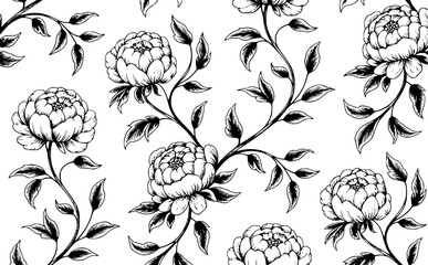 Black and white floral pattern with peonies and leaves vintage