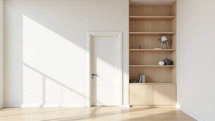 Minimal Modern Interior with White Door and Wooden Shelves – Scandinavian Inspired Home Design