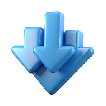 Three glossy blue 3D arrows pointing downward representing a download or save symbol.