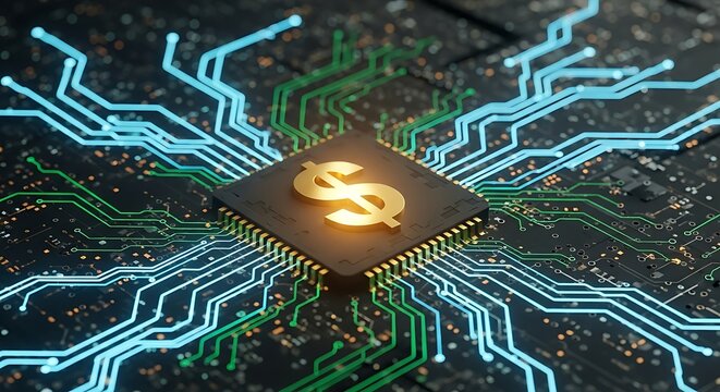Gold Dollar Sign on Microchip with Glowing Circuitry
