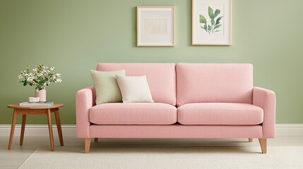 Modern pink sofa in a stylish green living room