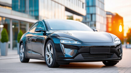 Obraz premium A sleek black electric car rests on a quiet urban street at sunset, city lights beginning to glow. Its glossy surface reflects golden light and nearby buildings. Camera low and angled for elegance..