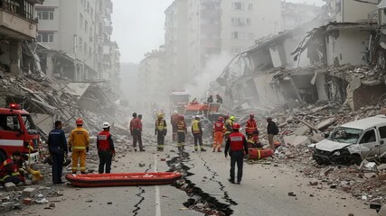 Earthquake Aftermath: Rescue Efforts in Damaged City Street.