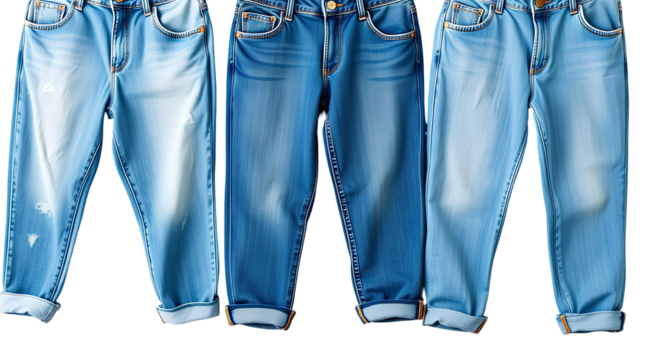 Blue Jeans Photo – Three Pairs Hanging in a Row Isolated on Transparent Background