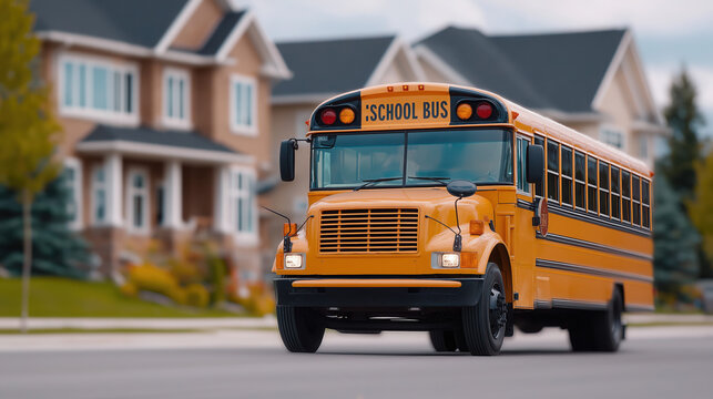 A yellow school bus stops in a suburban neighborhood as children smile and board, capturing a cheerful morning scene full of energy and community..