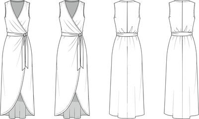 Wrap tulip hem dress fashion flat, sleeveless belted dress vector, long summer dress CAD, technical drawing illustration, sewing sketch