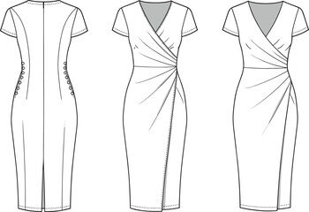 Draped wrap midi dress flat sketch, bodycon fashion CAD, technical drawing, short sleeve dress vector, elegant office wear