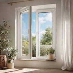 White window overlooking a garden. Daylight streams in