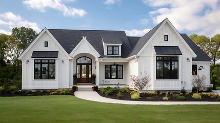 modern farmhouse-style home exterior features white vinyl siding, showcasing a large arched front door and multiple windows with black trim. The house has an open floor plan .
