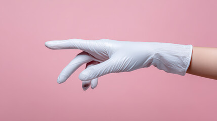 Hand wearing white latex glove is extended against pink background, symbolizing use of AI tools in learning environments