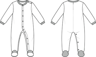 Baby footed onesie, infant sleepwear template, long sleeve romper, flat sketch, babywear technical drawing, CAD vector illustration, children fashion design, newborn clothing layout